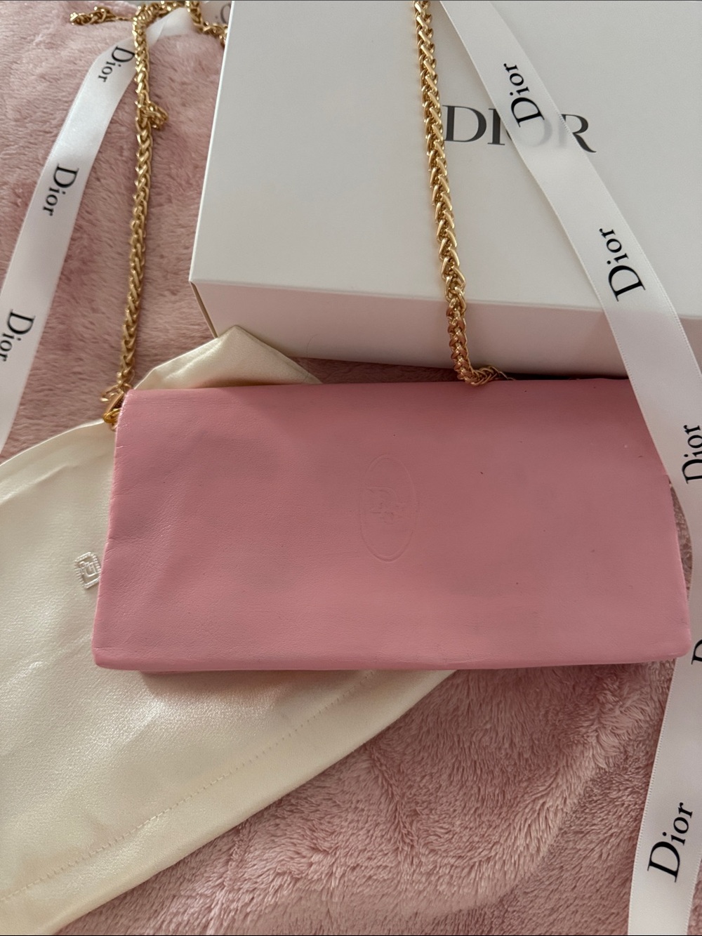 Dior Pink Leather Shoulder Clutch with Gold Chain